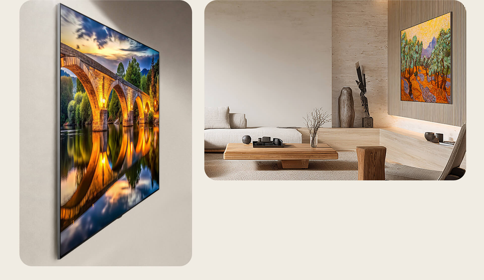 El LG OLED evo AI G6 se muestra empotrado en la pared desde un ángulo lateral con un brillante paisaje de puentes en la pantalla. A la derecha, está montado en la pared sin ningún espacio en una sala de estar minimalista, mostrando un colorido paisaje de estilo pictórico que se integra con un interior en tonos madera.